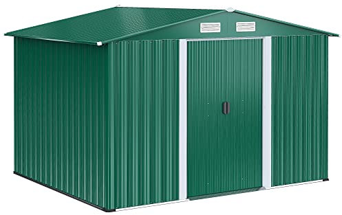 Outsunny Casetta da Giardino Porta Utensili in Lamiera di Acciaio, Capanno da Giardino in Acciaio con Base e Porte Scorrevoli, 258x206x178cm, Verde