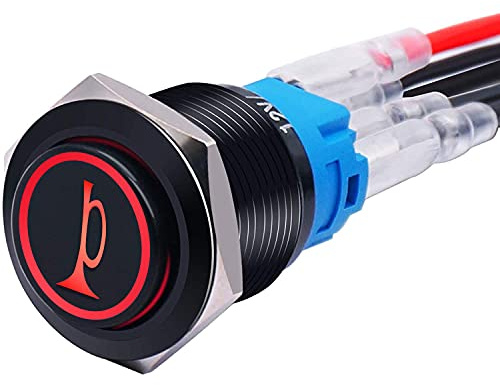 mxuteuk 19MM Raised Speaker Horn Momentan-hupenknopf 3/4Montageloch 12V Rot LED-Licht Schwarz Edelstahlgehäuse 1NO 1NC SPDT mit vorverdrahtetem Kabelschalter für Fahrzeugmodifikation BKG19LB-R