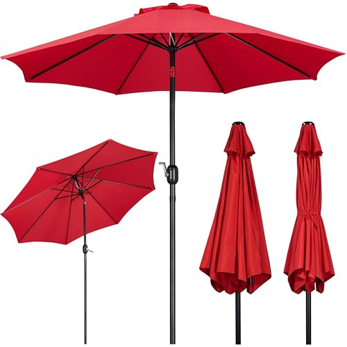 Yaheetech Ombrellone da Giardino Esterno 270 cm Portatile Parasole Protezione UV con Manovella 8 Stecche Reclinabile Telo in Poliestere Tubo in Alluminio Spiaggia Balcone Terrazzo Rosso
