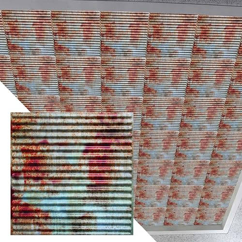 Dundee Deco Rusty Corrugated Old Tin Roof Lay in, PVC 3D Decorative Ceiling Panel, 2 ft X 2 ft (60cm X 60cm), 4 sq ft (0.37 sq m) Each, Pack of 25