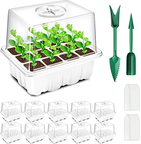 YAUNGEL Bandejas Semilleros de Germinacion, 10Pcs 120 Celulas Mini Invernadero Germinador de Semillas, Bandeja de Cultivo con Tapa Ventilación y Ventana Ajustable para Plantas Desemillero,Blanco