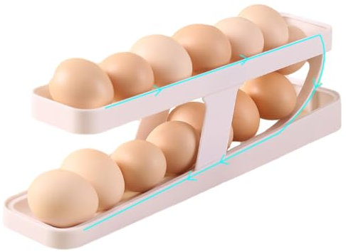 Egg Holder Storage, Egg Dispenser for Refrigerator Holds 12-14 Eggs, 2 Tier Egg Container Storage Basket Rolling Holder for Kitchen Countertop Organizer (White)
