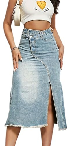 TACSTRUN Falda Vaquera Informal de Cintura Alta para Mujer, Falda Vaquera Midi con Abertura Frontal y Botones envolventes,Light Blue,L