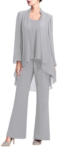 Doomiva Completo da Donna Elegante 3 Pezzi Suit Set da Cerimonia Abito da Festa in Chiffon Tailler Pantaloni Top Cardigan Elegante Aperto sul Davanti Pantaloni Tinta Unita Grigio L