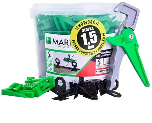 Marten Klin Sistema de nivelación de azulejos Clips Grosor del azulejo 7-15 mm Ancho de lechada 1 mm 1,5 mm 2 mm 3 mm Alicates (1,5MM, 250 Clips + 100 Cuñas +1 Alicates)