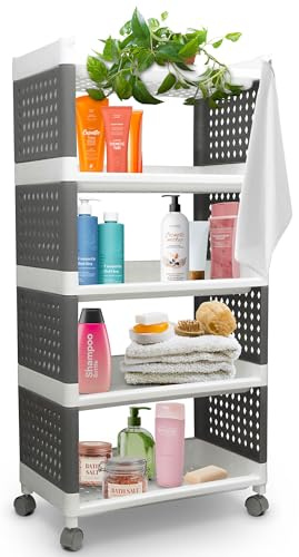 STREND PRO Rollwagen Badezimmer mit 5 Etagen | 97x49x29cm | Praktische Wagen mit Rollen Weiss/Grau | Küchenwagen auf Rollen für Küche, Bad | Kleines Regal, Kosmetikwagen mit Rollen | Badregal Klein