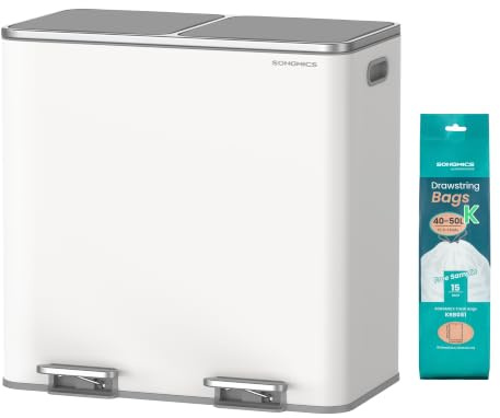 SONGMICS Poubelle de cuisine, 2 x 40 L, avec 15 sacs poubelles, 2 compartiments, seaux intérieurs en plastique et couvercles à charnière, hermétique, blanc et gris ULTB730W80
