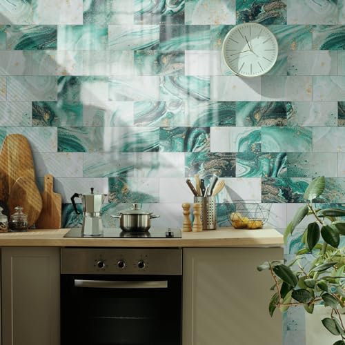 Fliesenaufkleber Grüner Marmor Klebefliesen Küche 3d Wandpaneele Selbstklebend PVC Fliesenaufkleber Bad Wasserdicht Selbstklebende Fliesen Leicht Zu Schrubben Fliesensticker16 PC(10x20cm)