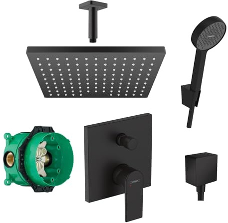 Hansgrohe Duschsystem Unterputz mit Duscharmatur Hansgrohe schwarz HGSK02 | Duscharmatur von Hansgrohe Vernis Shape Einhebelmischer und Hansgrohe Regendusche Duschkopf eckig, Dusch-SET schwarz matt