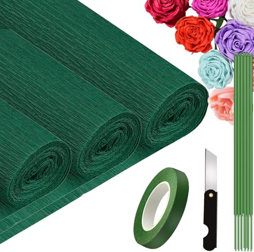 Carta Crespa Verde Scuro 3 Rotoli 25 x 250 cm, Carta Crespa Italiana, per Fiori Piegati a Mano, Feste di Compleanno, Matrimoni, Decorazioni per le Vacanze (Verde Scuro)