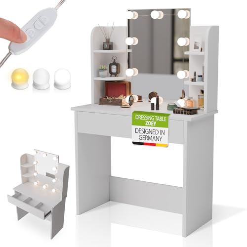 Juskys® Schminktisch Zoey mit LED-Beleuchtung, großer Spiegel mit Rahmen, Schublade & Regal, viel Stauraum, pflegeleicht & modern — Weiß
