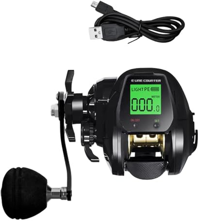 Sharplace Elektrische Angelrolle mit USB-Ladezubehör, Aluminiumlöffel, digitaler Anzeigebildschirm für Salzwasser, 10 kg Bremse, 7,2:1-Getriebe, Schwarze Linke Hand