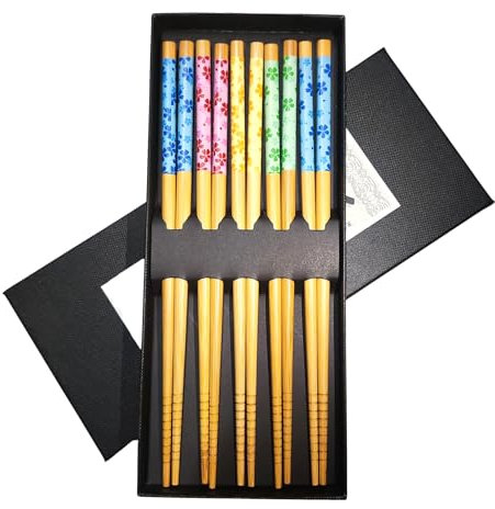 5 Pairs Premium Bamboo Chopsticks Gift Set - Japanese Chinese Style Chopsticks with Elegant Gift Box for Noodles, Sushi, Asian Dining & Housewarming