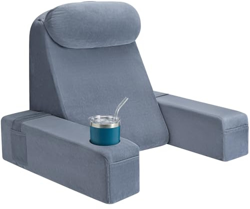AS AWESLING Reading Pillow for Adults, Back Pillow for Bed Sitting Up, Backrest Cushion for Sitting in Bed, Detachable Arms with Built-in Cup & Phone Caddy (GREY, 21 INCH)