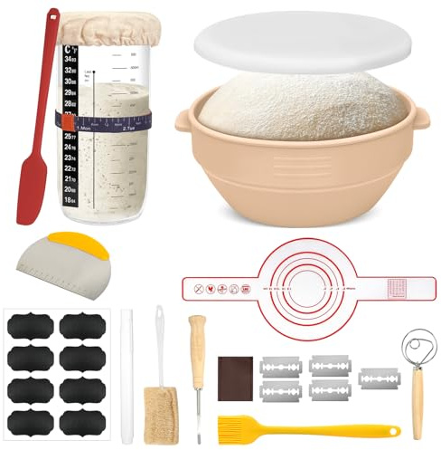 Silikon Brot Gärkorb Set mit Einem Deckel Sauerteig Gärtank Set mit Zubehör Perfekt für Bäckereien und Die Brotherstellung Zu Hause (Silikon rund beige)