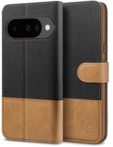 BEZ Fodral för Google Pixel 10 Pro Telefonfodral, Kompatibelt med Google Pixel 10, Flip Plånboks [Kanvas Fuskläder] med Kreditkortshållare, Sparkstativ, Magnetisk Remstängning, Svart