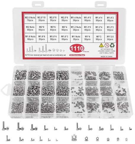 1110Pcs Schrauben und Muttern Set, M1 M1.2 M1.4 M1.6 M2 M2.5 | Kreuzschlitzschrauben 304 Edelstahl Für Reparaturen, Kleine Schlitzschrauben mit Mutter Dünn