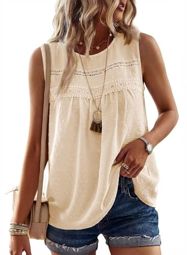 TUUHAW Vest Tops Women UK Summer Round Neck Sleeveless Shirts Casual Basic | Crochet Babydoll Blouses for Women, Flowy Tank, Boho Lace Tassel Clothing, Cute Bardot Tunic, Plain Ladies Business Beach