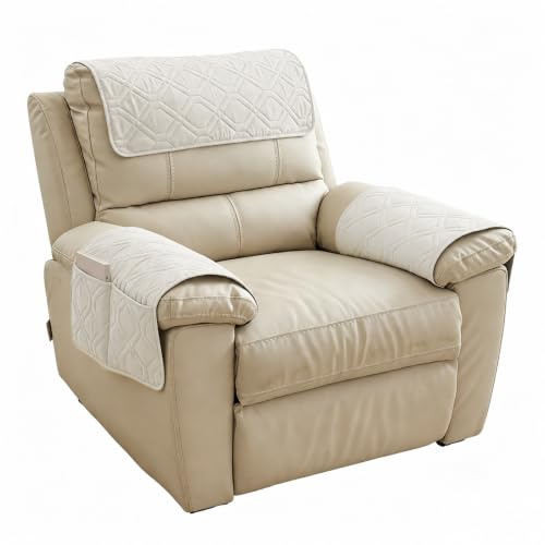 BOYIFEIJIE Sesselschoner mit Armlehne Und Taschen rutschfest Sesselüberwurf für Relaxsessel TV Sessel und Sofa Armlehnenschoner Schützt Vor Verschleiß Universal Passform (Cremeweiß)