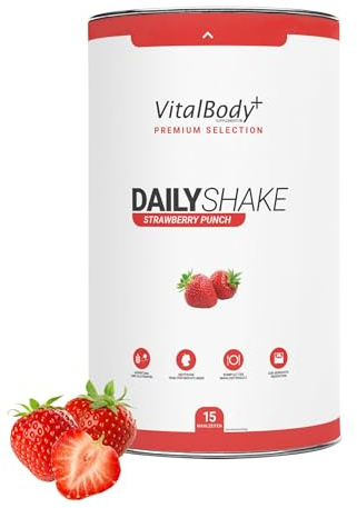 VitalBody+ DailyShake Strawberry Punch, 450 g, Mahlzeitenersatz-Shake | Mahlzeitenersatz-Shake zum Abnehmen, nur 250 kcal pro Shake, vollwertig & kalorienarm ersetzen