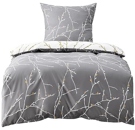 BEDSURE Bettwäsche 135x200 Baumwolle Grau - Bettwäsche-Sets 135 x 200 cm Bettbezug 2teilig mit Kissenbezug 80x80 cm, ÖKO-TEX Wendebettwäsche Bedding Zweige Muster mit Reißverschluss