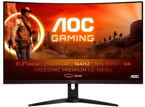 AOC Monitor Gaming CQ32G1- 32 pulgadas Curved 1800R, Full HD, 144Hz, VA, 1ms, FreeSync Premium, 1920x1080, 250 cd/m, D-SUB, HDMI 2x1.4, Displayport 1x1.2