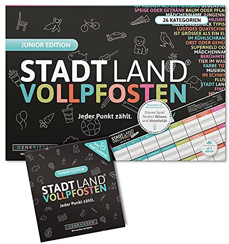 DENKRIESEN Stadt Land VOLLPFOSTEN Junior Duo | Kartenspiel & Block | 200 kindgerechte Kategorien in Kartenspiel und Spielblock für Familienspiel, Reisen und gemeinsame Spieleabende.