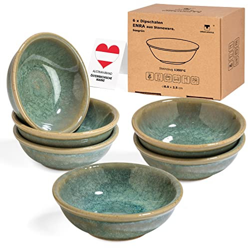 Urban Trading, 6 tazones para salsa Enra, hechos a mano en cerámica fina (verde mar). Tazones de sushi, tazones de especias, tazones de salsa, cuencos aperitivos, aperitivos menaje, bol salsa