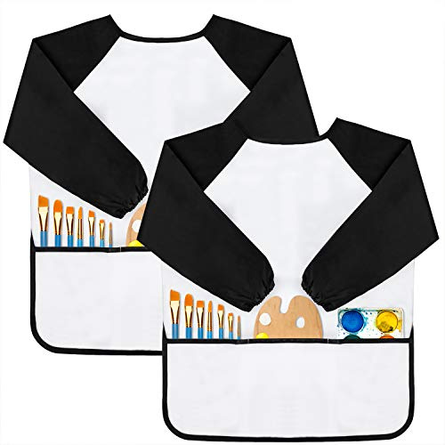 GODR7OY Kids Art Smocks, Painting Apron Artist Smock with Sleeve and 3 Pockets 2 Pack Black/White Set for Age 2-6 Years (Small)