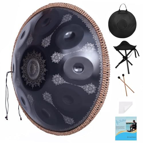 Handpan-Classic 10 Notes Black Print Hand Pan,Premium 432HZ 22 Inches D Minor Steel Handpan Drum Set,Adult's Music Steel Pan Instrument