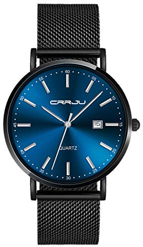 SUPBRO Herren Uhren Ultra Dünne Schwarze Klassische Minimalistische Quartz mit Mesh-Armband Schwarz