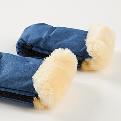 Naturally Sheepskins für den Kinderwagen mit Schaffell-Manschette und Fleece Innenfutter Kälteschutz Fäustlinge Lammwolle wärmend Windschutz Größe universal (Linear Marine-Blau)