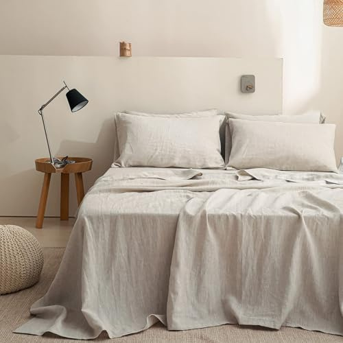 Simple&Opulence 100% Linen Sheets King Size Set, 6 Pcs Natural French Linen Bed Sheets, Breathable Soft Durable Bedding Set for All Season (Linen, King)