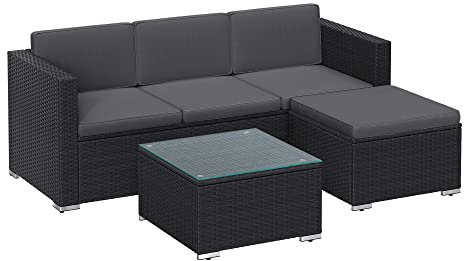 SONGMICS Gartenmöbel-Set, Balkonmöbel aus PE-Polyrattan, Terrassenmöbel, Ecksofa, Outdoor, handgeflochtenes Rattan, Lounge-Set, mit Kissen und Glastisch, schwarz-grau GGF005B04