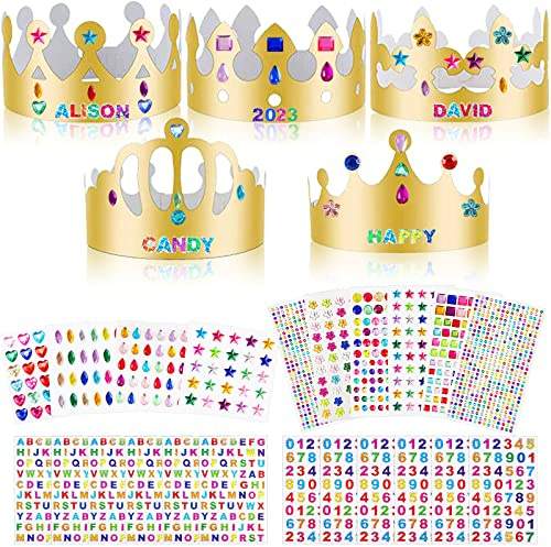 ZYNERY 47 PCS Golden Birthday Crowns with DIY Stickers Kit Paper Crown Party Hats for Kids Classroom School,Prince Princess Birth Decor Gift