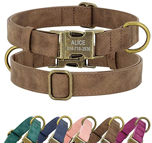 Didog Personalisiertes Leder-Hundehalsband, weiches langlebiges individuelles verstellbares Hundehalsband Namensschild Schnellverschluss-Metallschnalle für kleine, mittelgroße große Hunde, braun, M