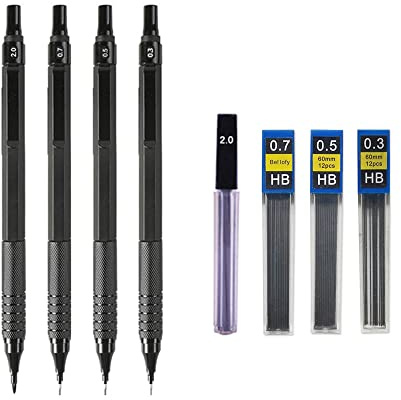 0,3 0,5 0,7 2,0 mm Kunstzeichnung Automatische Bleistifte Niedriger Schwerpunkt Druckfeder Metall Druckbleistift mit Geschenkbox Set (4 schwarz 0,3 0,5 0,7 2,0)