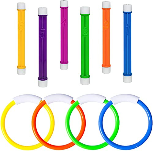 Xndryan Swimming Pool Toys Sinkies for Kids, Diving Pool Toys Includes 6 Pcs Diving Sticks for Kids, 4 Pcs Dive Rings, Underwater Training Diving Game Toys for Kids Summer Swimming Pool Party