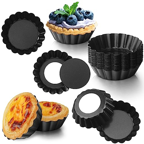 Gejoy 32 Pcs Mini Tart Pans 3 Inch with Removable Bottom Nonstick Quiche Pan Egg Tart Molds for Baking Small Tart Pan Reusable Bakeware Cupcake Cake Muffin Mold Tin Pan for Desserts Cookies