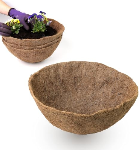 DIVCHI 4Pack Natural Coco Fiber Liners for Round and Trough Hanging Baskets - 14 inch Sizes - Indoor and Outdoor Garden Porch & Balcony Planter Liner Replacement (14 Round Coco Liner 4Pack)