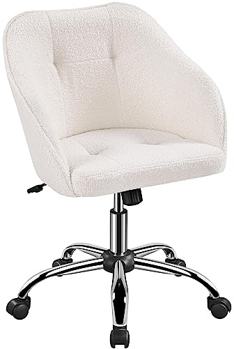 Yaheetech Sedia/Poltroncina Scrivania Ufficio Girevole con Ruote Imbottita in Bouclé Altezza Regolabile Reclinabile Ergonomica Portata 136 kg per Studio, Cameretta, Avorio