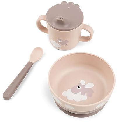 Done by Deer Foodie first meal Geschirr-Set Happy clouds Rosa - Praktische kindergeschirr - baby löffel, Schüssel mit saugnapf und Trinkbecher, 100% PP in Lebensmittelqualität mit rutschfestem TPE