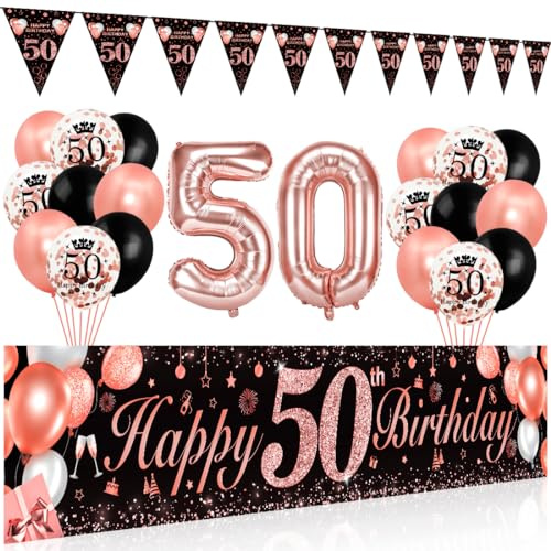 Bluelves 50 Geburtstag Frauen Deko, Luftballons 50. Geburtstag, Schwarz Roségold Extra Lange Happy Birthday Banner (210 x 40cm) + Girlande Wimpel + Schwarz Rosegold Konfetti Luftballons