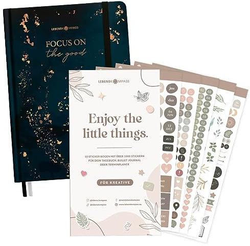 LEBENSKOMPASS Bullet Journal Set Flow mit Zubehör - Bullet Journal Pro ”LICHTJAHRE” A5 gepunktet und extra dickes Papier 120 g/m² FSC® mit Sticker Set für Bullet Journaling