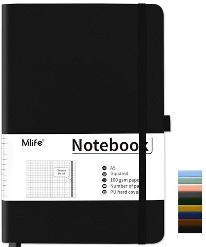 Mlife Notebook A5 fyrkantig, 200 sidor Anteckningsböcker Inbunden, Premium 100 gsm bläcksäkert papper tjockt, PU-anteckningsbok med hårt omslag, innerficka, elastiska band, Bullet Journal(svart)