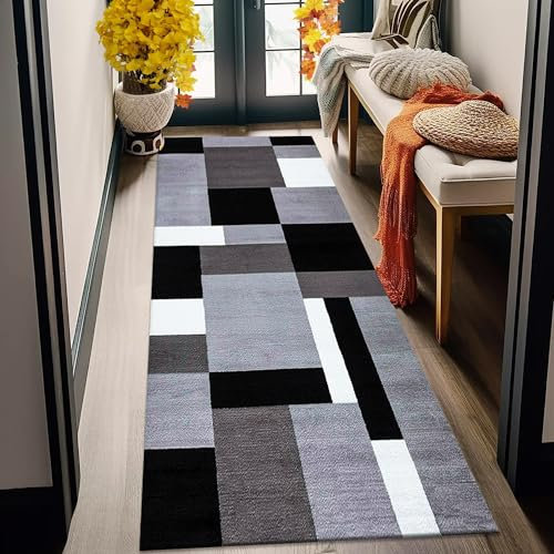 Fit Even Kilas Runner Rug – Washable Hallway Carpet Runners, Non-Slip Floor Mats for Kitchen, Living Room, Corridor, Entryway, Door Entrances (Grey Black, 60 x 220 cm)