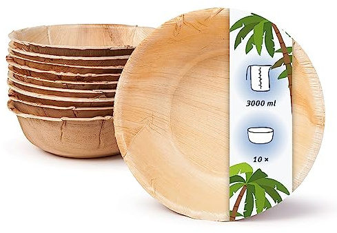 onlyleaf Palmware - umweltfreundliches Einweggeschirr aus Palmblättern I 10 Stück Palmblatt Schale rund 3000ml Ø30cm I Salat-Schüssel Dipschalen Suppenschale Servierschale Snackschale