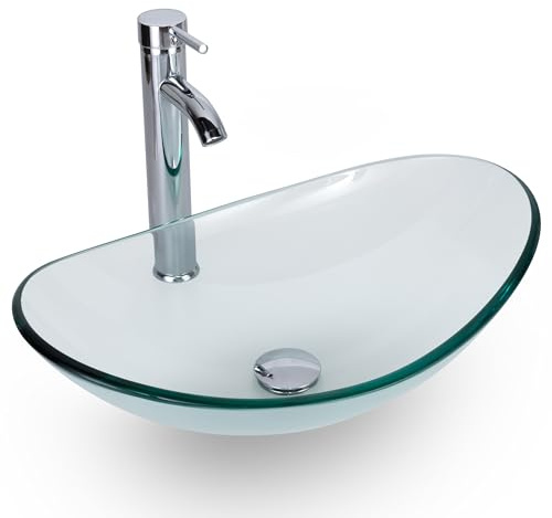 eclife 21.5 Bathroom Vessel Sink Modern Artistic Single Clear Boat Tempered Glass Basin Countertop Bowl Sink for Lavatory Vanity Cabinet, W/Water Save Faucet Pop Up Drain (A29TT)