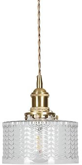 EKSED Lampada a sospensione in ottone con paralume in vetro a strisce verticali, interruttore rotante e cavo intrecciato dorato - Apparecchio per lampadario a soffitto sospeso (Trasparente bordato)