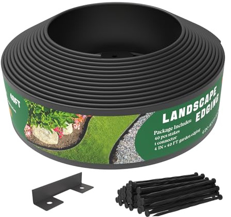 Mars Villa Landscape Edging, 4 Inch Tall 40FT Garden Edging Border with 40 Anchoring Spikes, Flexible Garden Border Edging Kit, Plastic Edging for Landscaping for Lawn, Flower Bed, Yard, Black